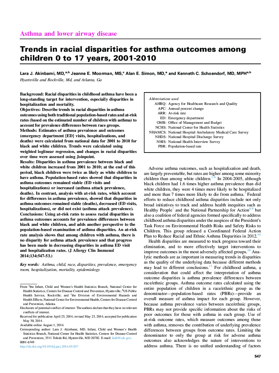 روند ناسازگاری نژادی در مورد نتایج آسم در کودکان 0 تا 17 سال، 2001-2010 