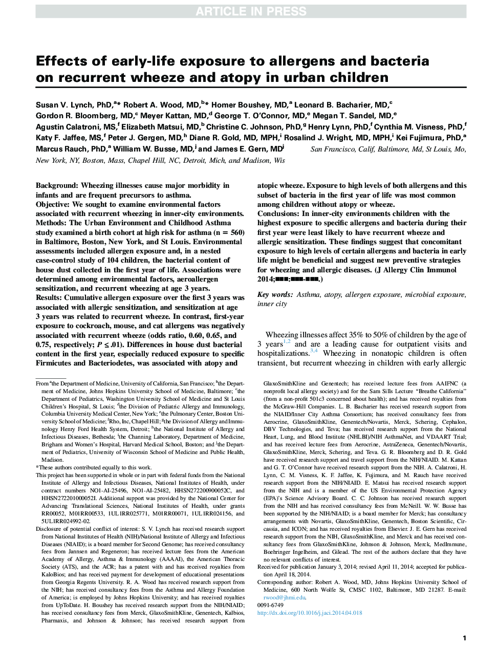 Effects of early-life exposure to allergens and bacteria onÂ recurrent wheeze and atopy in urban children