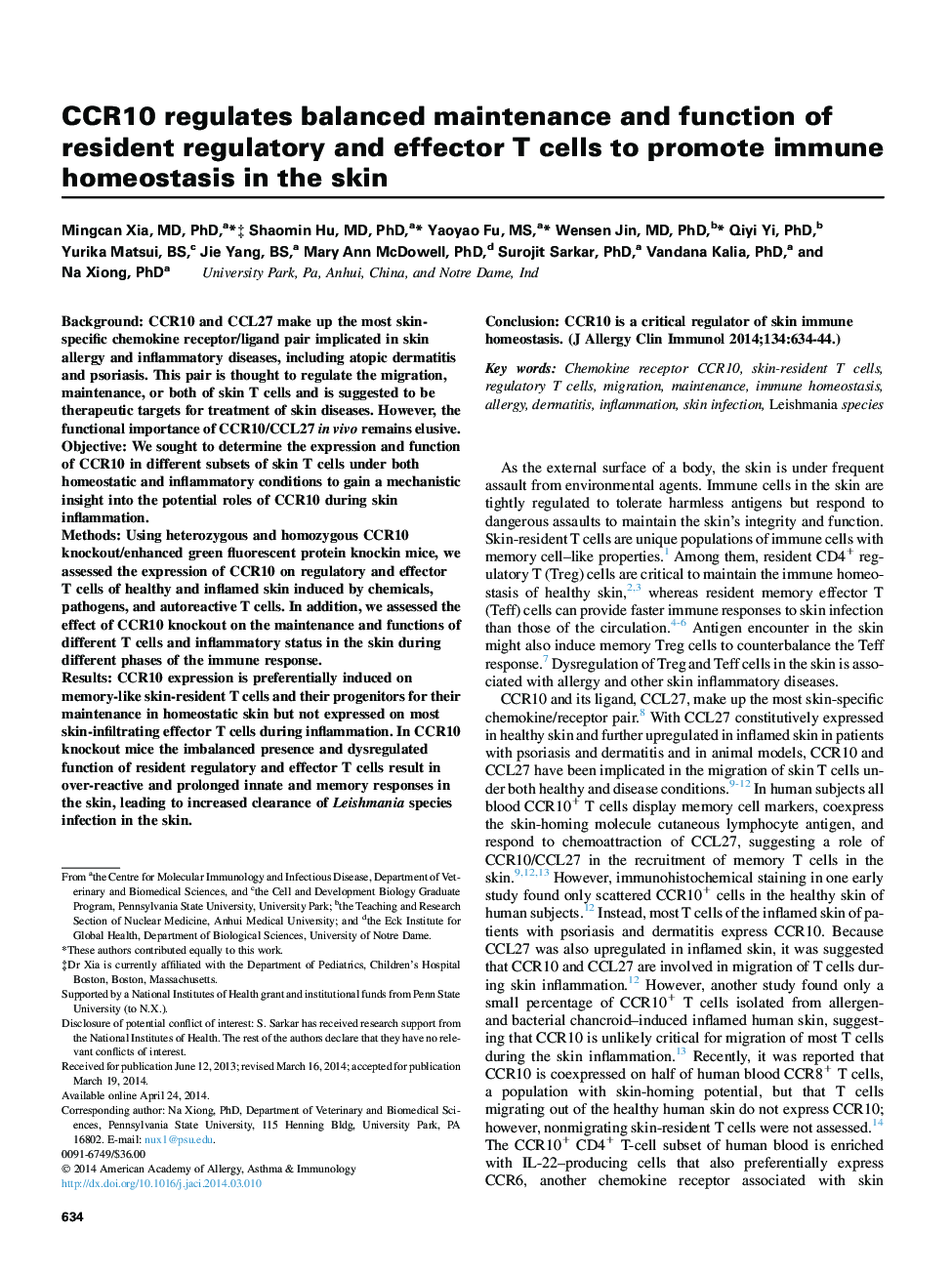 CCR10 regulates balanced maintenance and function of resident regulatory and effector T cells to promote immune homeostasis in the skin