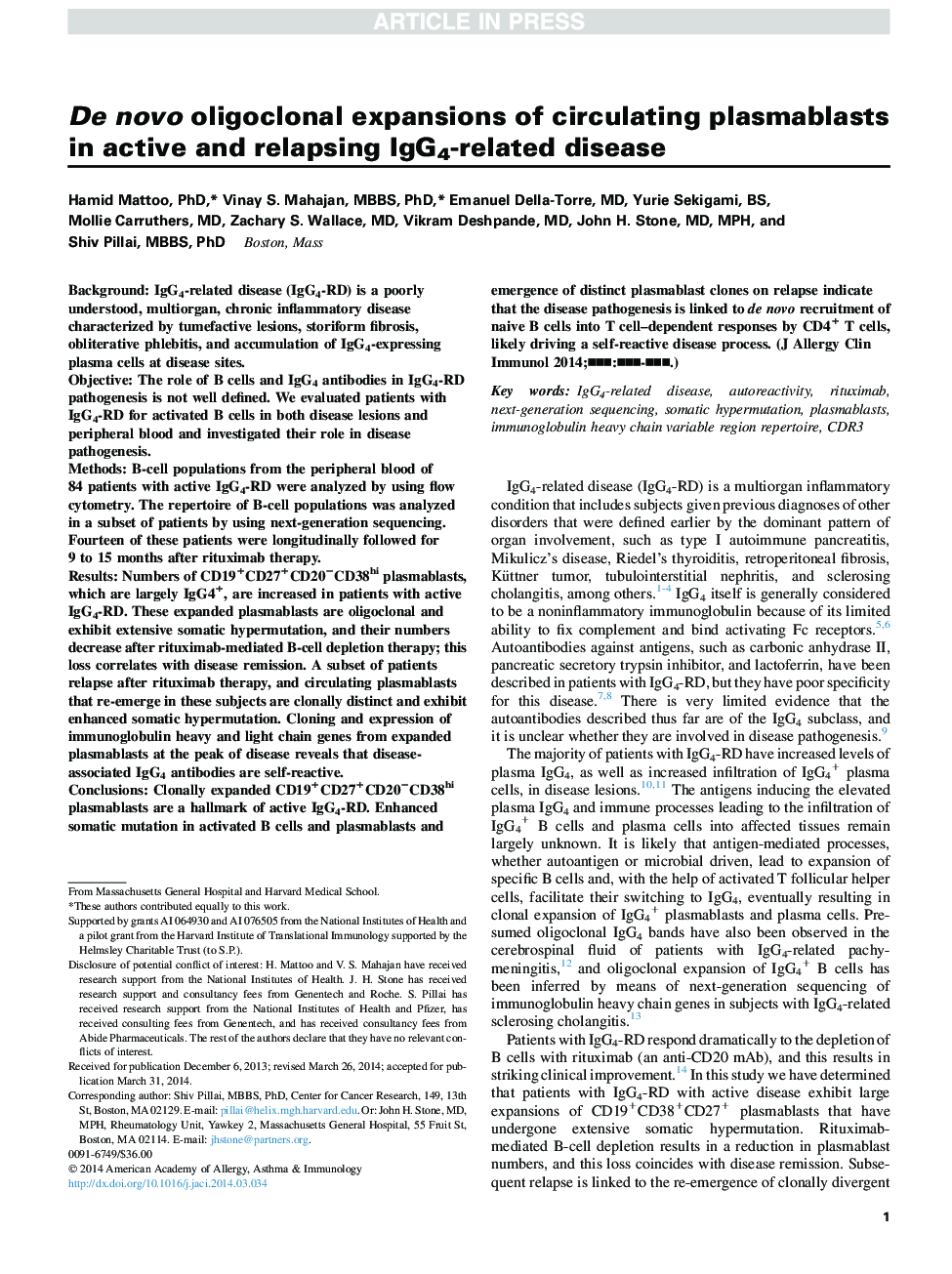 De novo oligoclonal expansions of circulating plasmablasts in active and relapsing IgG4-related disease