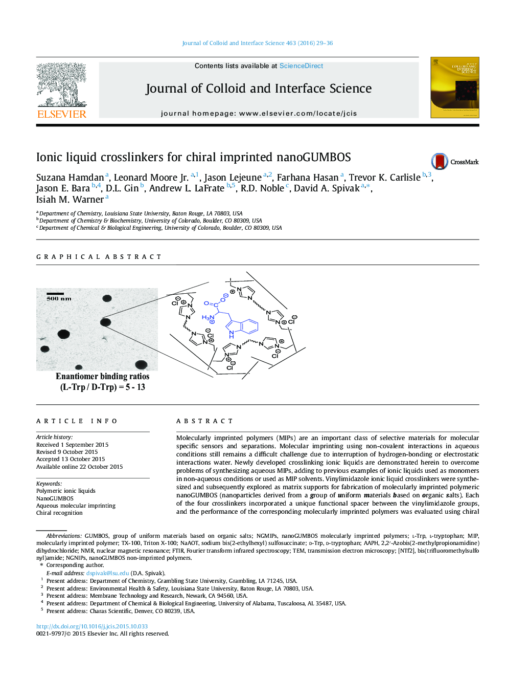 Ionic liquid crosslinkers for chiral imprinted nanoGUMBOS