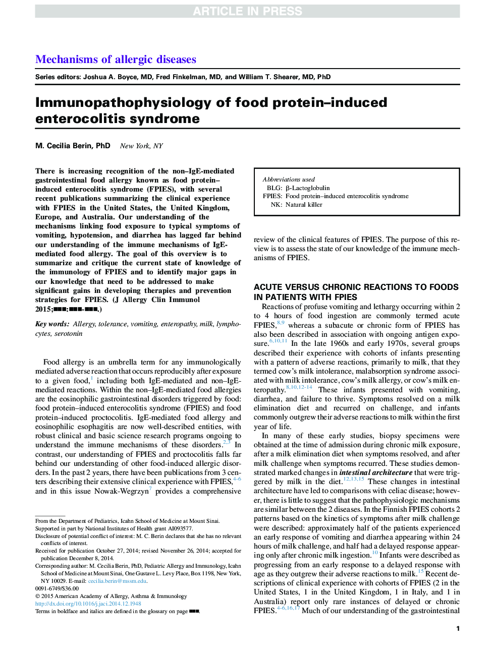 Immunopathophysiology of food protein-induced enterocolitis syndrome