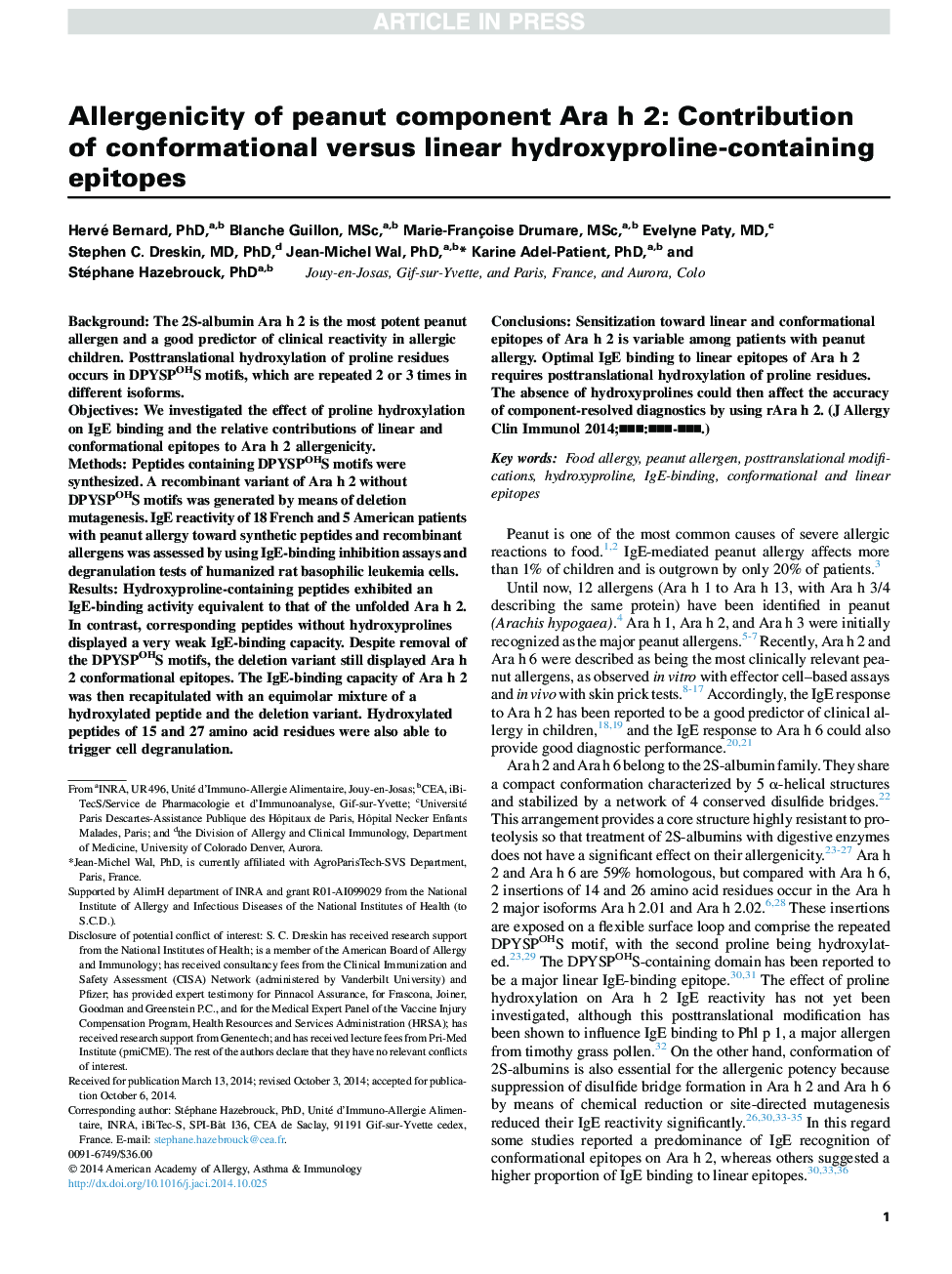 Allergenicity of peanut component Ara h 2: Contribution of conformational versus linear hydroxyproline-containing epitopes