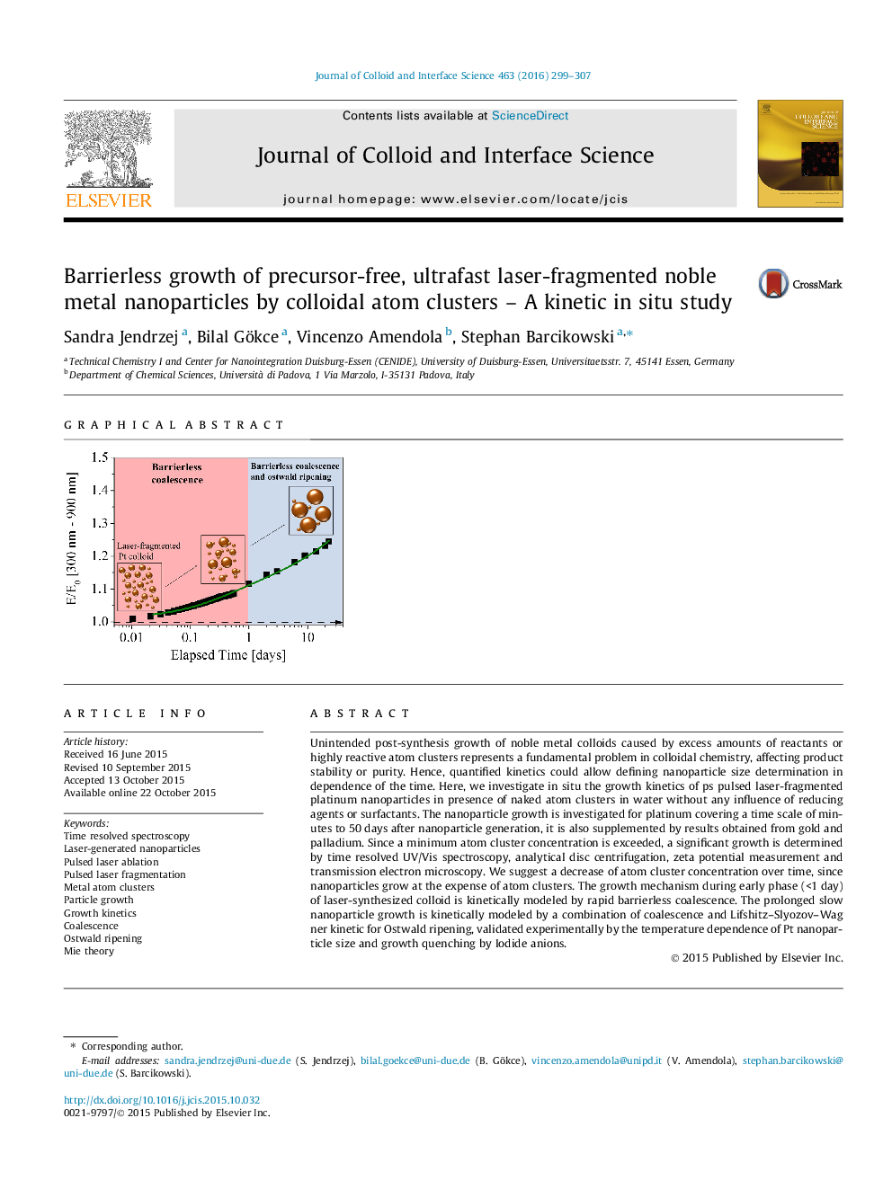 Barrierless growth of precursor-free, ultrafast laser-fragmented noble metal nanoparticles by colloidal atom clusters – A kinetic in situ study