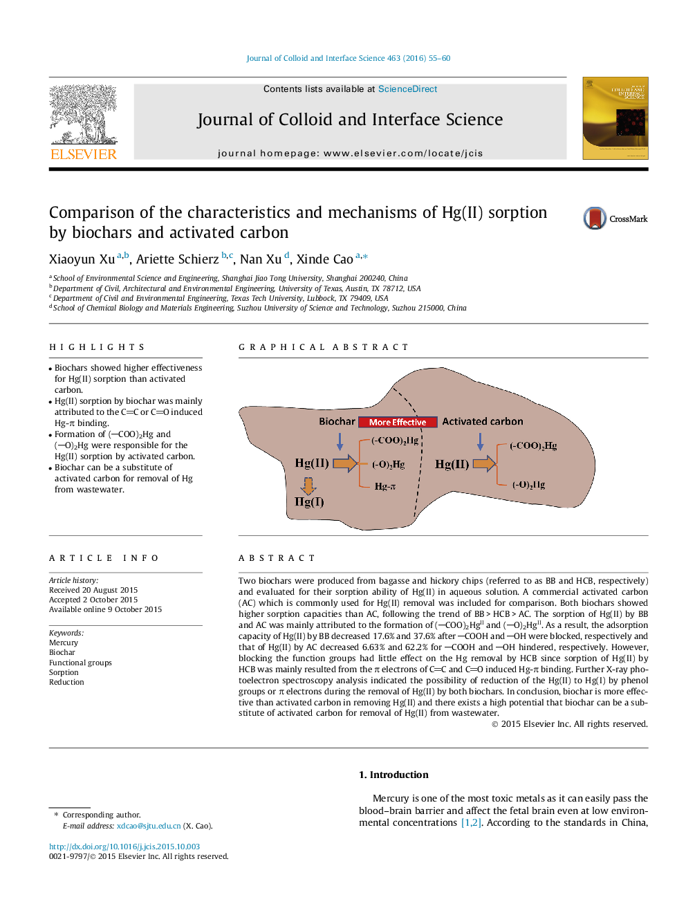 Comparison of the characteristics and mechanisms of Hg(II) sorption by biochars and activated carbon