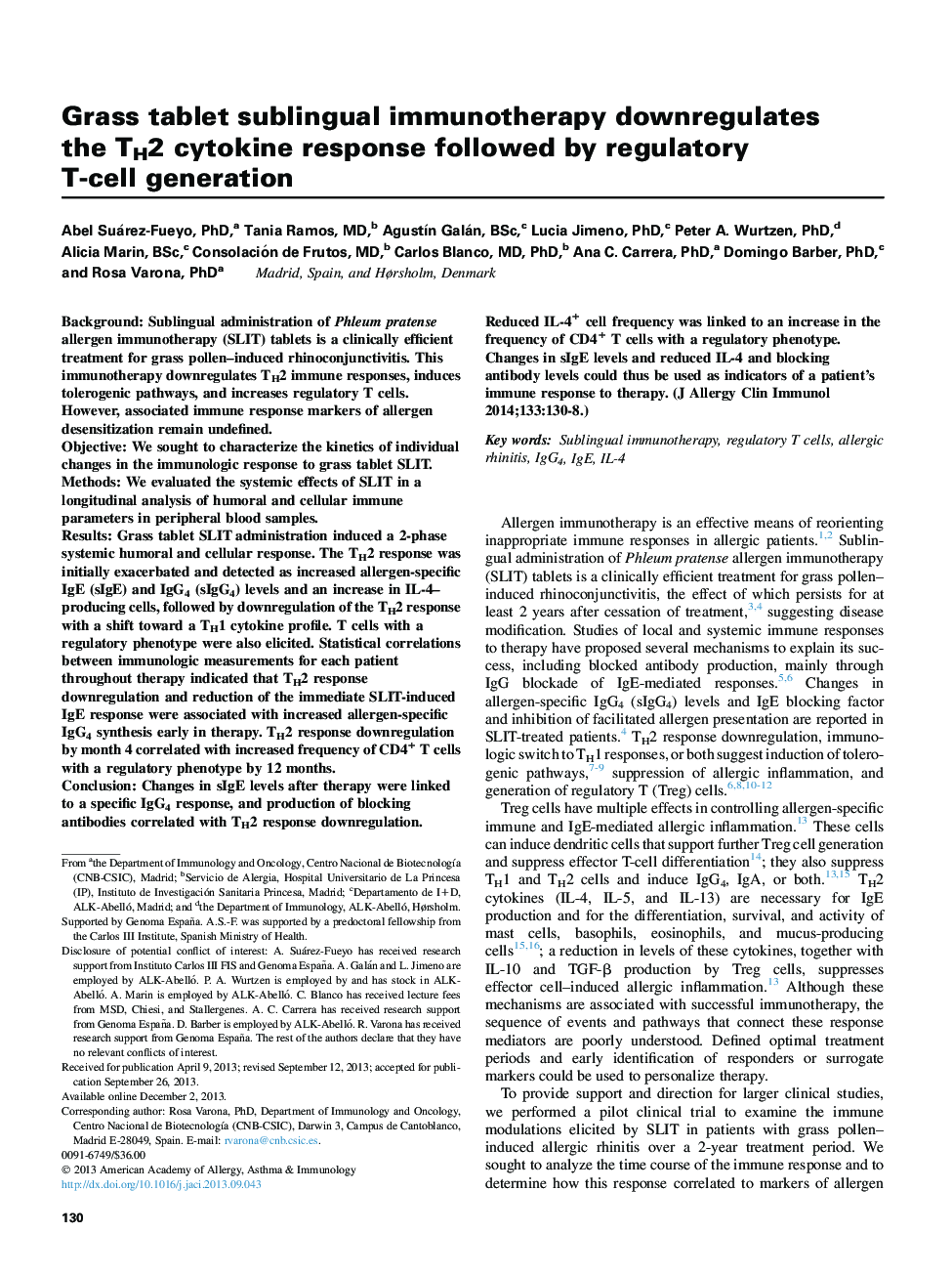 Grass tablet sublingual immunotherapy downregulates theÂ TH2 cytokine response followed by regulatory T-cellÂ generation