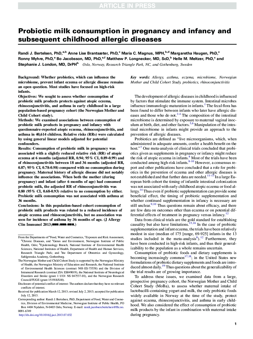 Probiotic milk consumption in pregnancy and infancy and subsequent childhood allergic diseases