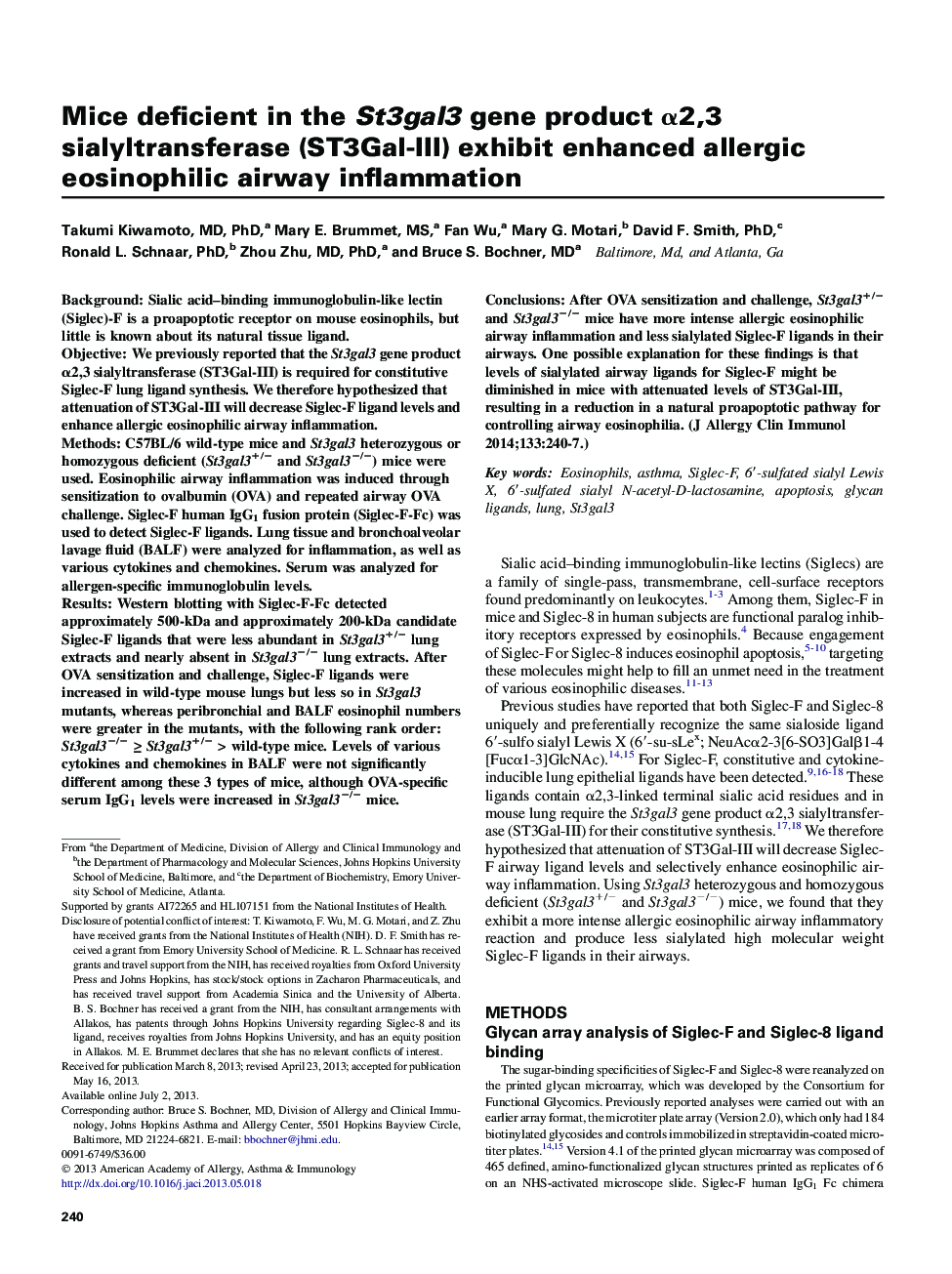 Mice deficient in the St3gal3 gene product Î±2,3 sialyltransferase (ST3Gal-III) exhibit enhanced allergic eosinophilic airway inflammation