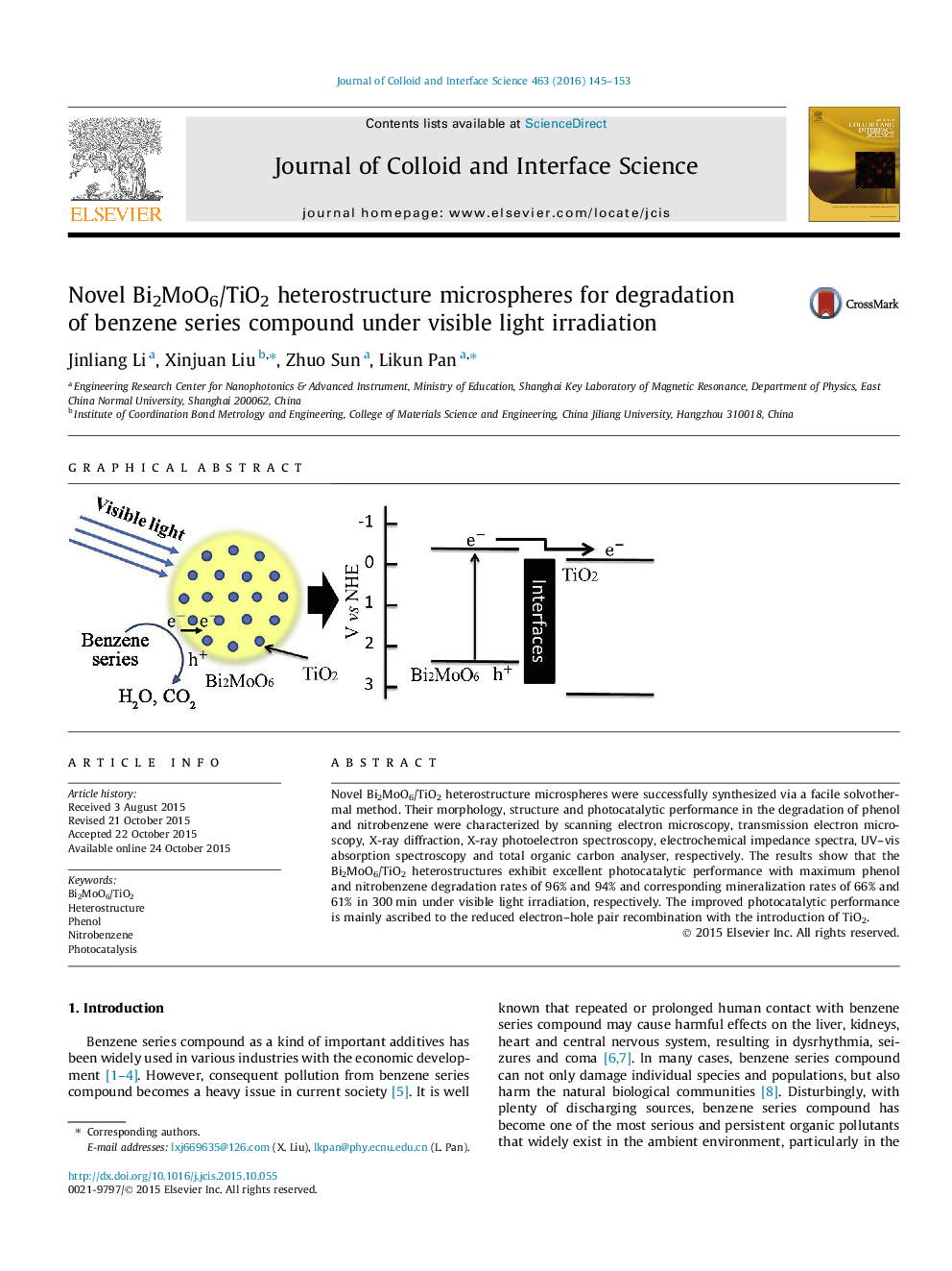 Novel Bi2MoO6/TiO2 heterostructure microspheres for degradation of benzene series compound under visible light irradiation