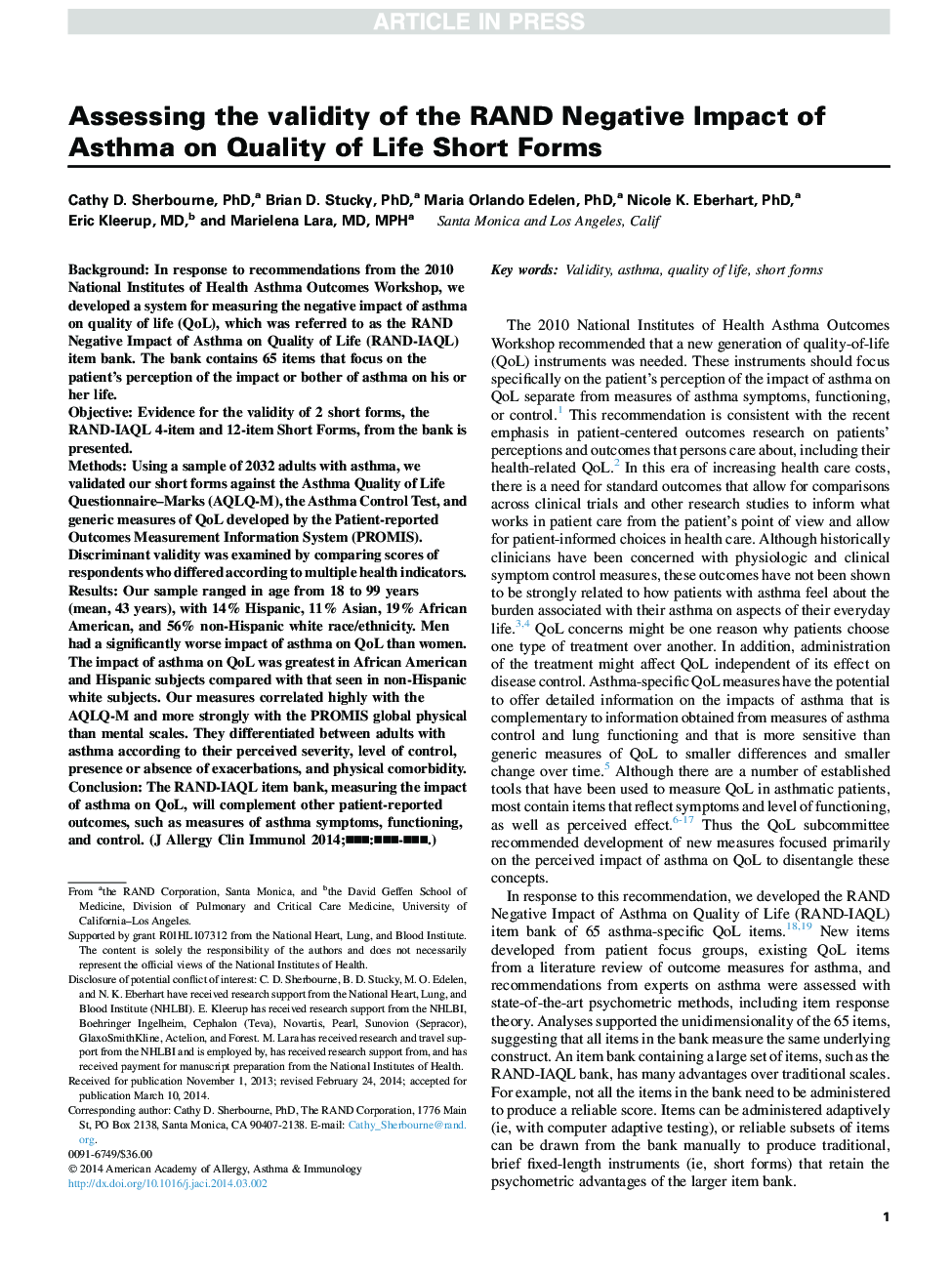 Assessing the validity of the RAND Negative Impact of Asthma on Quality of Life Short Forms