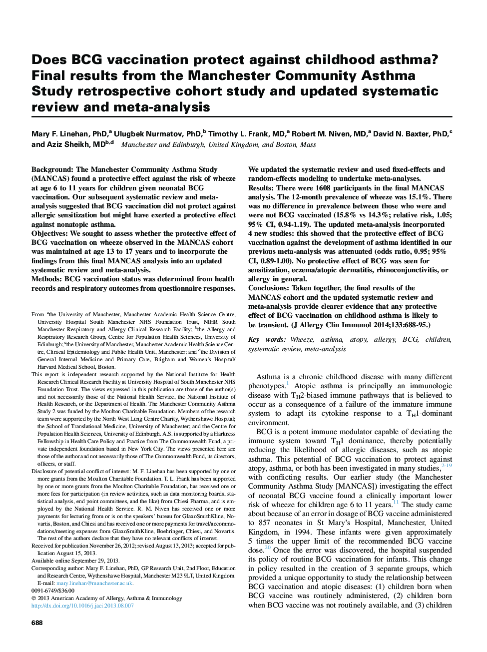 Asthma and lower airway diseaseDoes BCG vaccination protect against childhood asthma? Final results from the Manchester Community Asthma Study retrospective cohort study and updated systematic review and meta-analysis