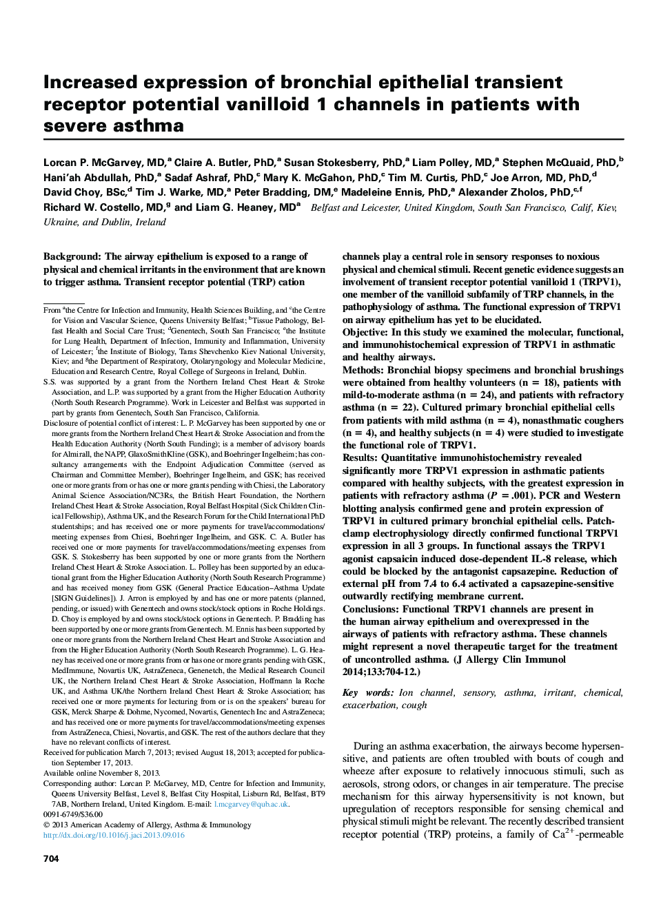 Increased expression of bronchial epithelial transient receptor potential vanilloid 1 channels in patients with severe asthma