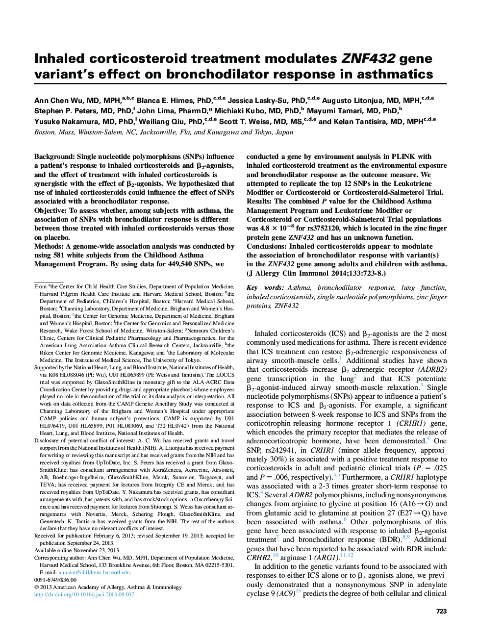 Inhaled corticosteroid treatment modulates ZNF432 gene variant's effect on bronchodilator response in asthmatics