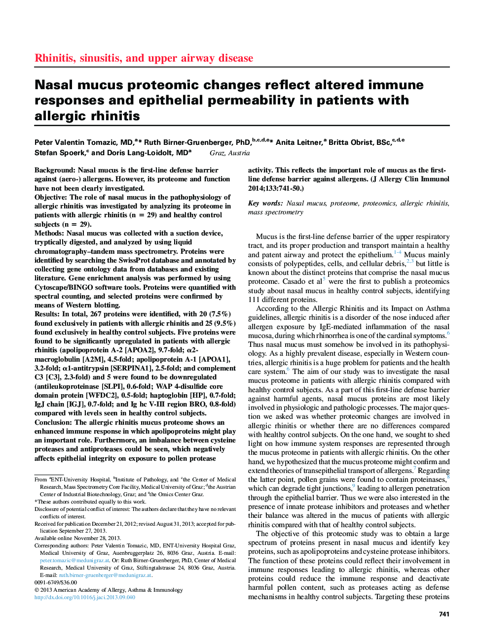 تغییرات پروتئومیک مخاط مخاطی منعکس کننده واکنش های ایمنی تغییر یافته و نفوذ پذیری اپیتلیال در بیماران مبتلا به رینیت آلرژیک 