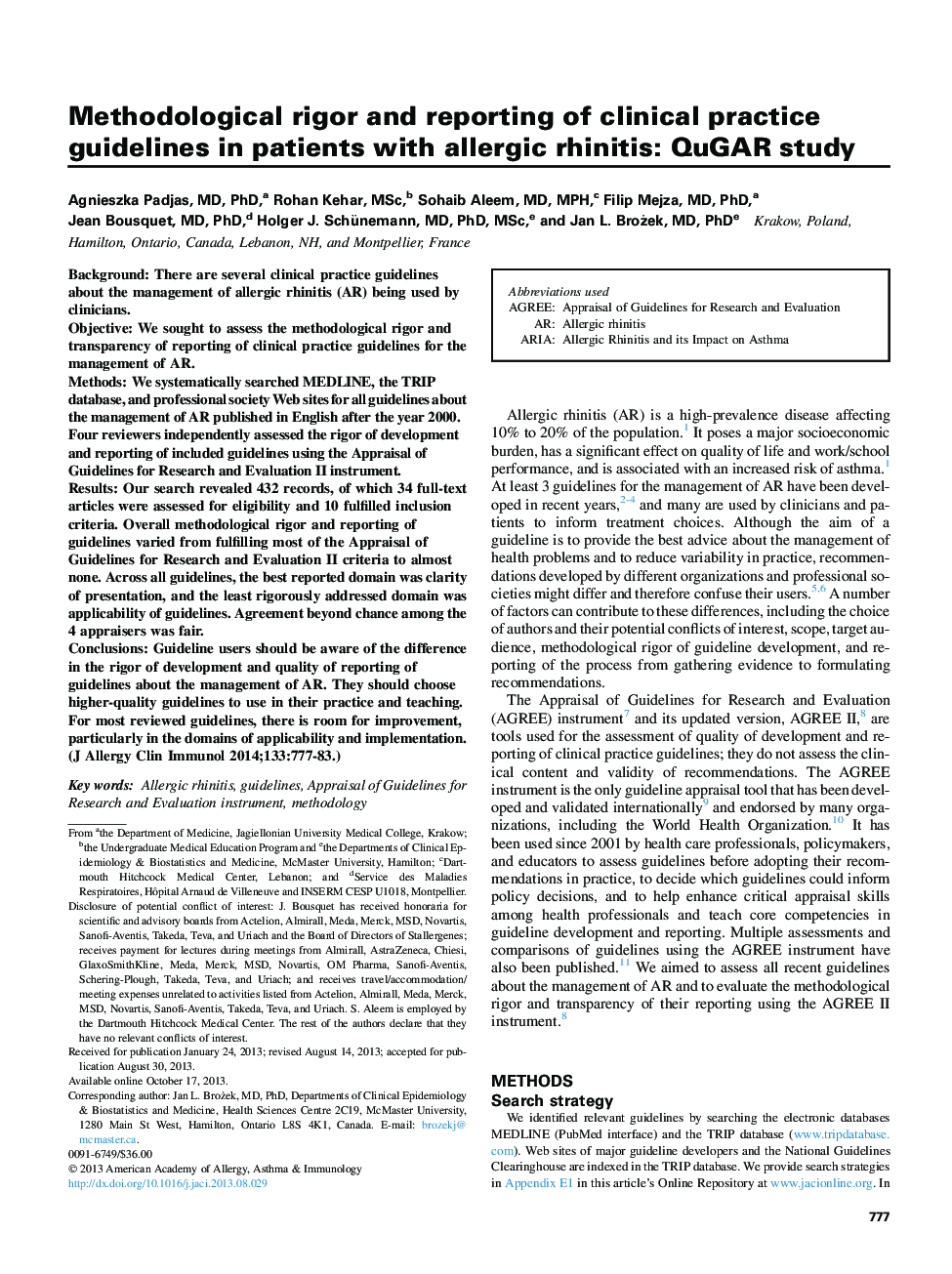 Rhinitis, sinusitis, and upper airway diseaseMethodological rigor and reporting of clinical practice guidelines in patients with allergic rhinitis: QuGAR study