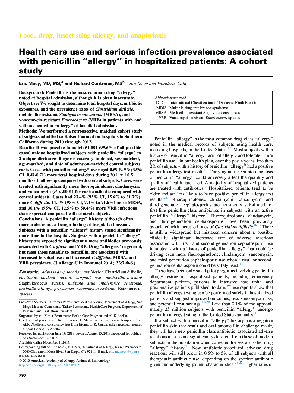 Health care use and serious infection prevalence associated with penicillin “allergy” in hospitalized patients: AÂ cohort study