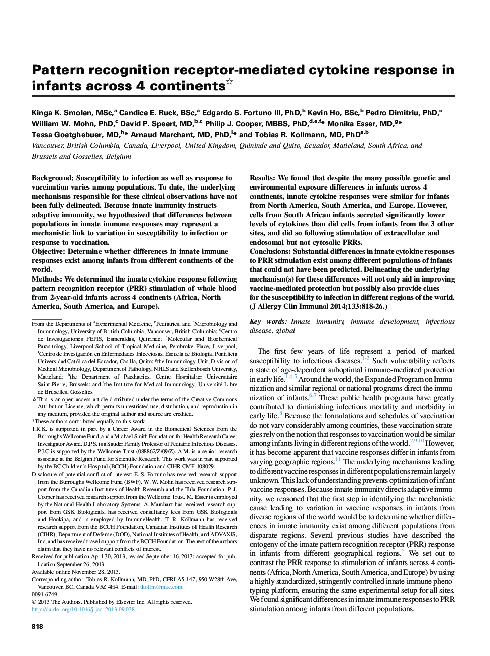 Pattern recognition receptor-mediated cytokine response in infants across 4 continentsâ