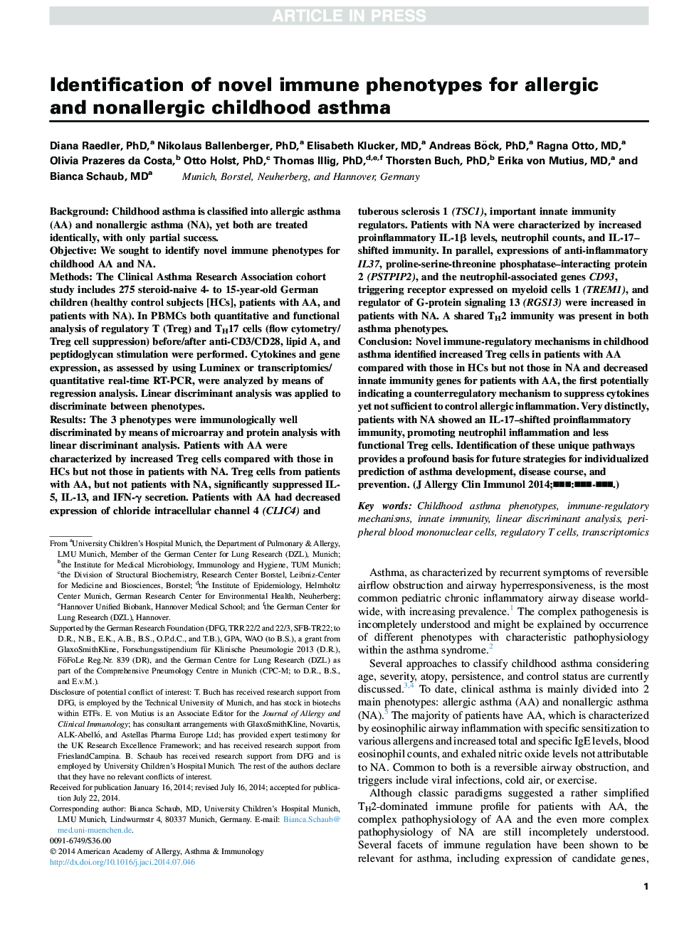 Identification of novel immune phenotypes for allergic andÂ nonallergic childhood asthma