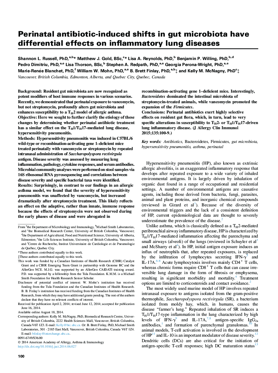 Asthma and lower airway diseasePerinatal antibiotic-induced shifts in gut microbiota have differential effects on inflammatory lung diseases