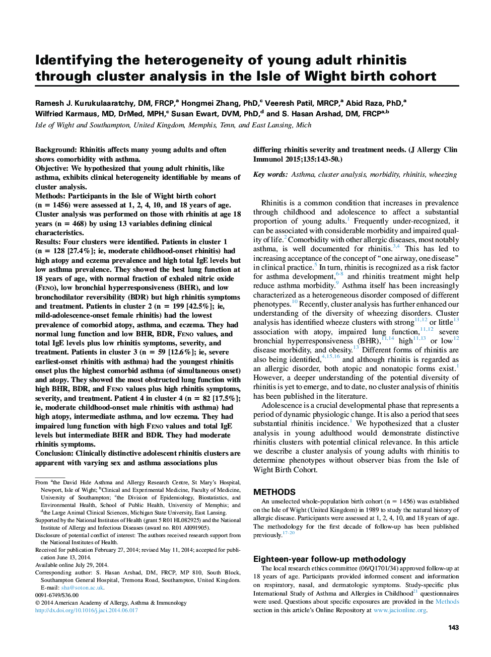 Identifying the heterogeneity of young adult rhinitis throughÂ cluster analysis in the Isle of Wight birth cohort