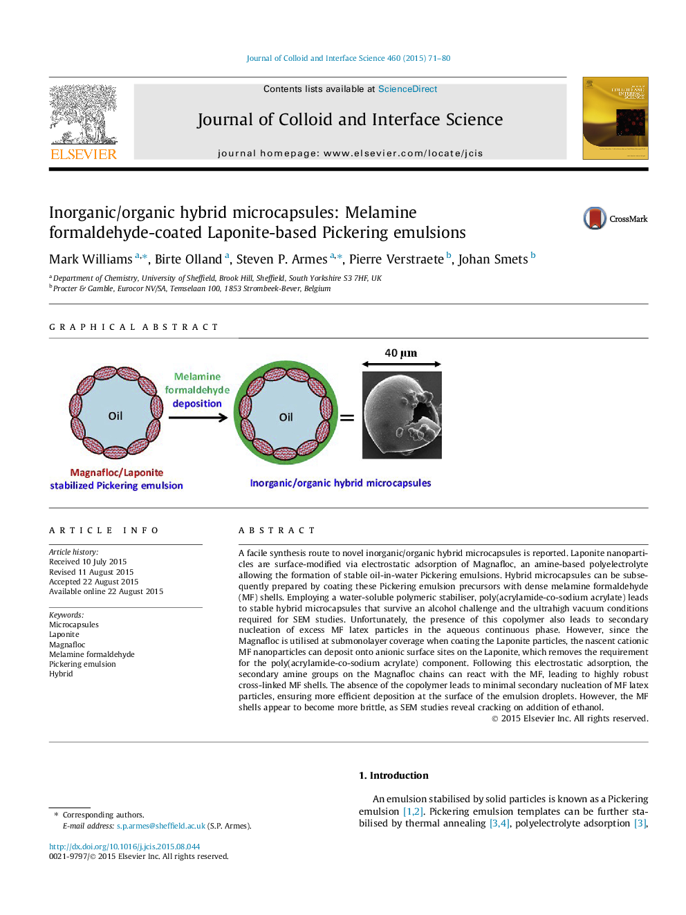 Inorganic/organic hybrid microcapsules: Melamine formaldehyde-coated Laponite-based Pickering emulsions