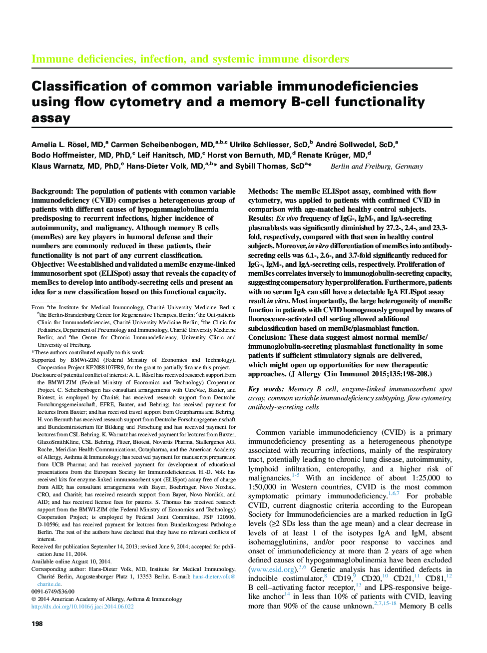 Immune deficiencies, infection, and systemic immune disordersClassification of common variable immunodeficiencies using flow cytometry and a memory B-cell functionality assay