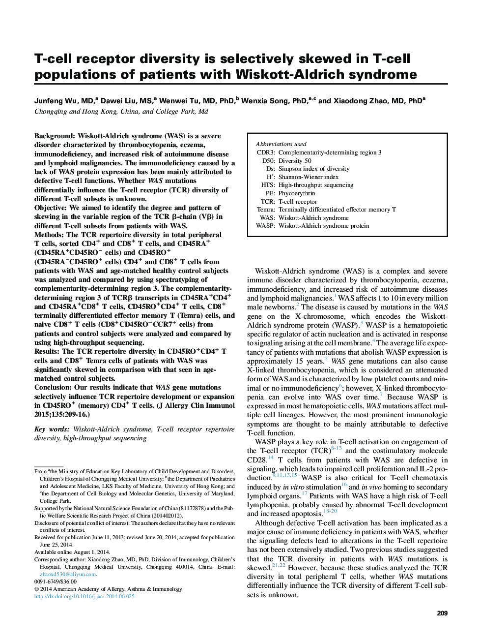 T-cell receptor diversity is selectively skewed in T-cell populations of patients with Wiskott-Aldrich syndrome