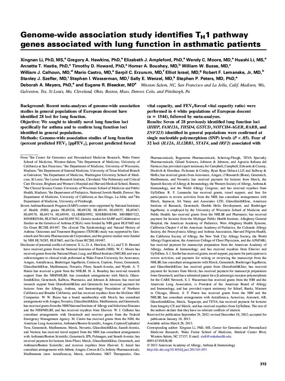 Asthma and lower airway diseaseGenome-wide association study identifies TH1 pathway genes associated with lung function in asthmatic patients