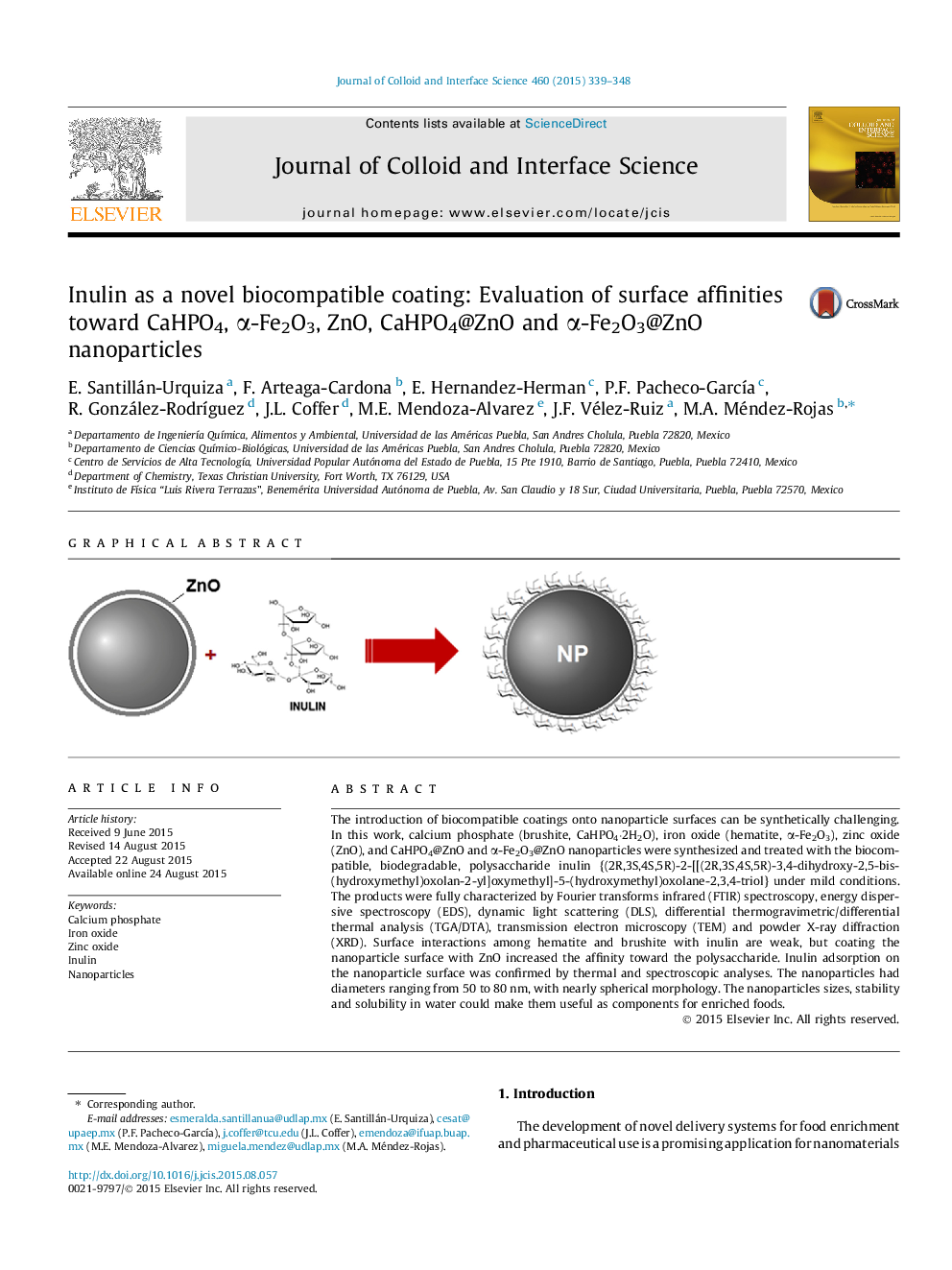 Inulin as a novel biocompatible coating: Evaluation of surface affinities toward CaHPO4, α-Fe2O3, ZnO, CaHPO4@ZnO and α-Fe2O3@ZnO nanoparticles