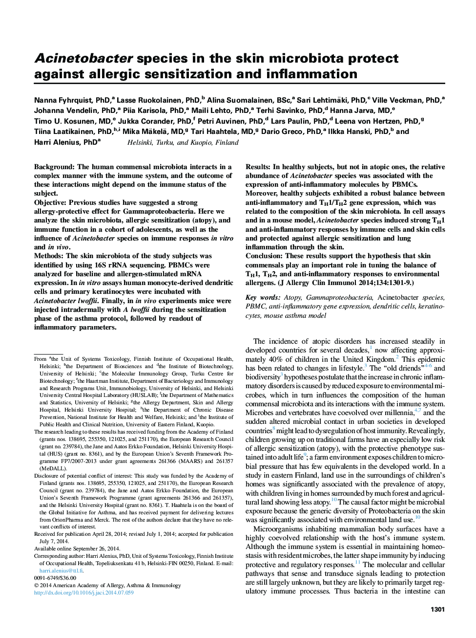 Acinetobacter species in the skin microbiota protect against allergic sensitization and inflammation