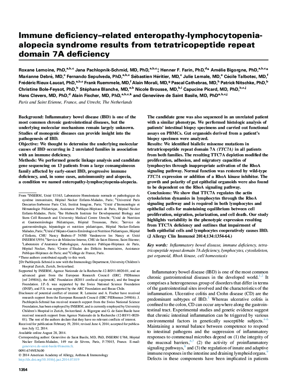 Immune deficiency-related enteropathy-lymphocytopenia-alopecia syndrome results from tetratricopeptide repeat domain 7A deficiency