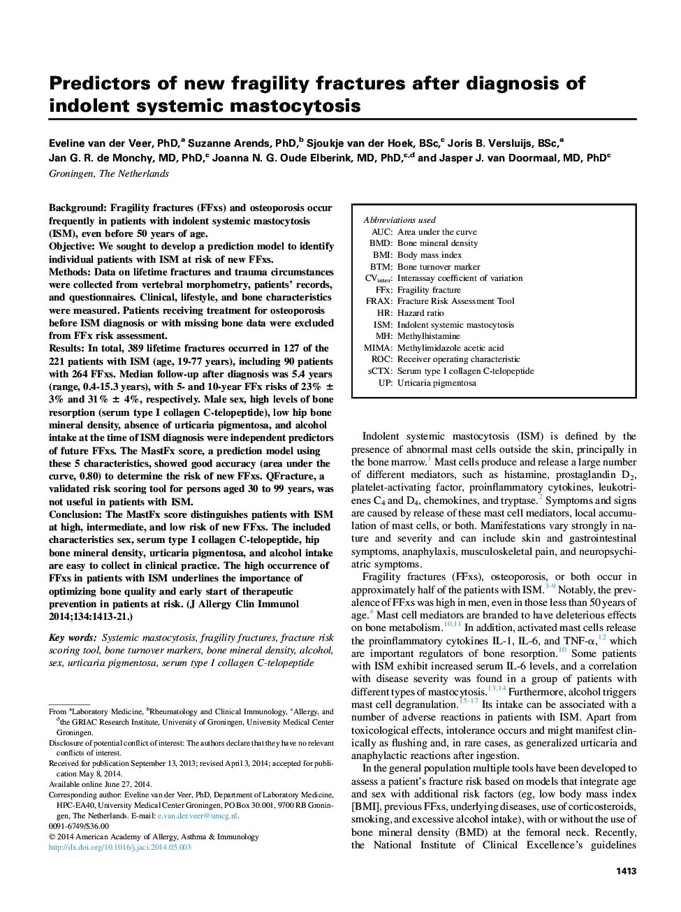 Predictors of new fragility fractures after diagnosis of indolent systemic mastocytosis