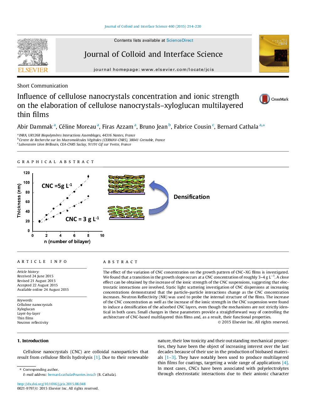 Influence of cellulose nanocrystals concentration and ionic strength on the elaboration of cellulose nanocrystals–xyloglucan multilayered thin films