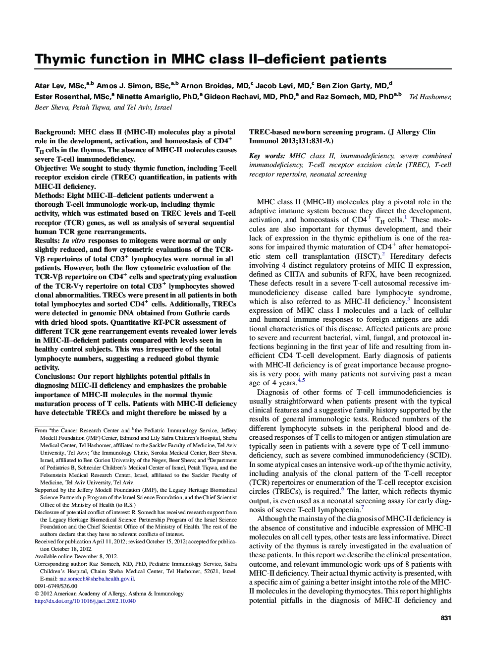 Immune deficiencies, infection, and systemic immune disordersThymic function in MHC class II-deficient patients