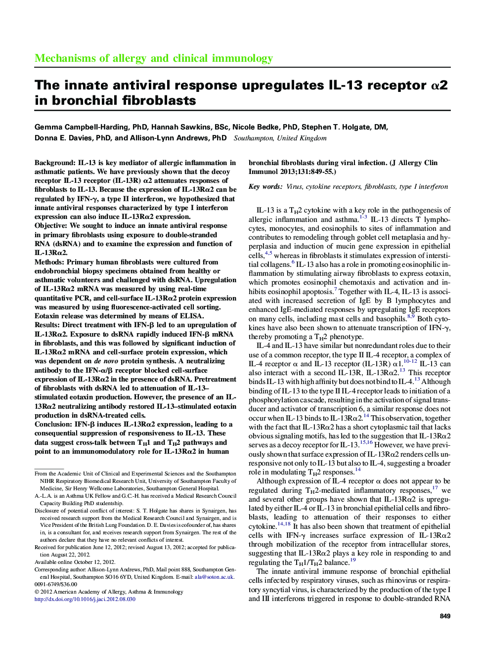 The innate antiviral response upregulates IL-13 receptor Î±2 in bronchial fibroblasts