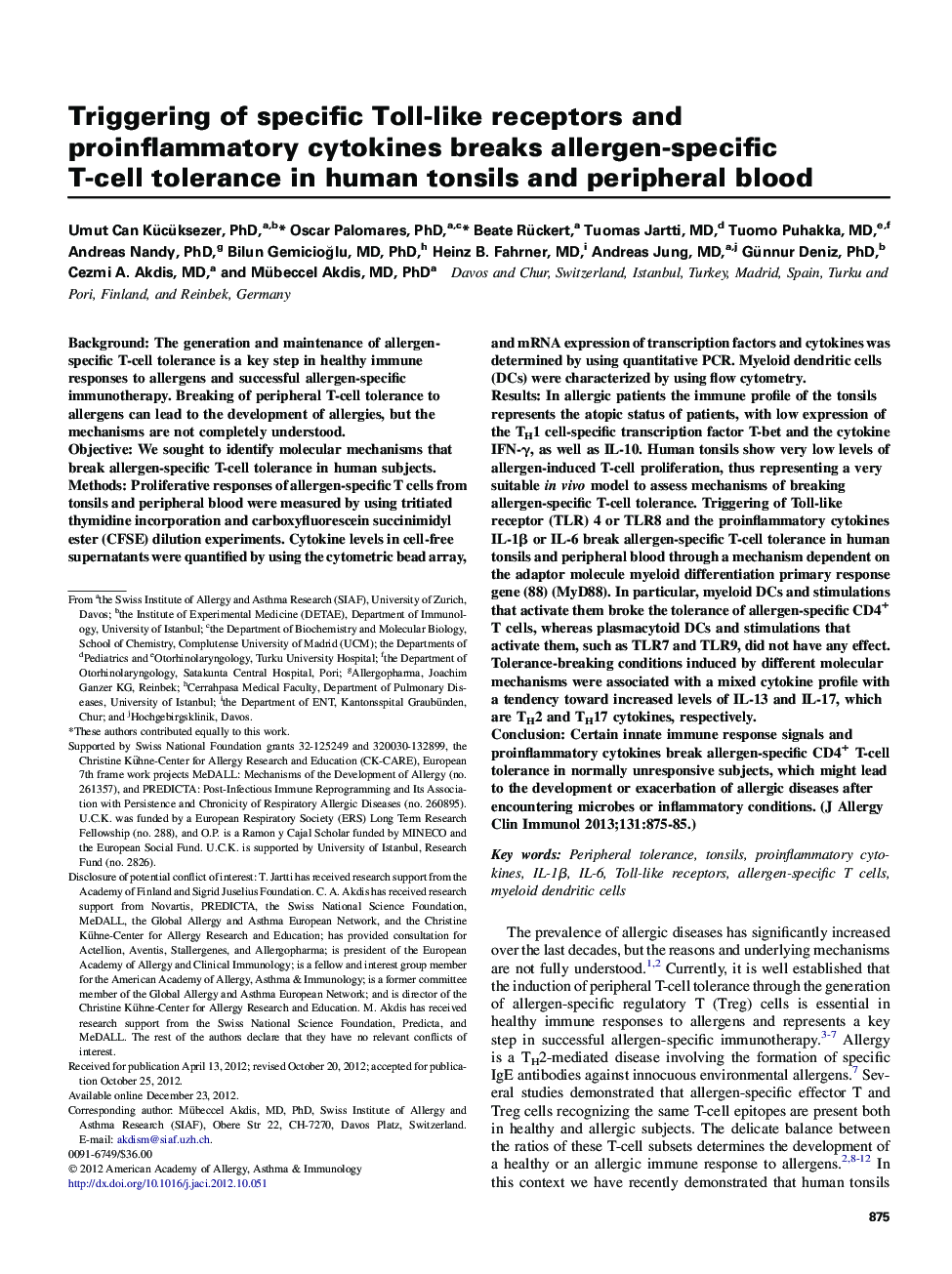 Triggering of specific Toll-like receptors and proinflammatory cytokines breaks allergen-specific T-cell tolerance in human tonsils and peripheral blood