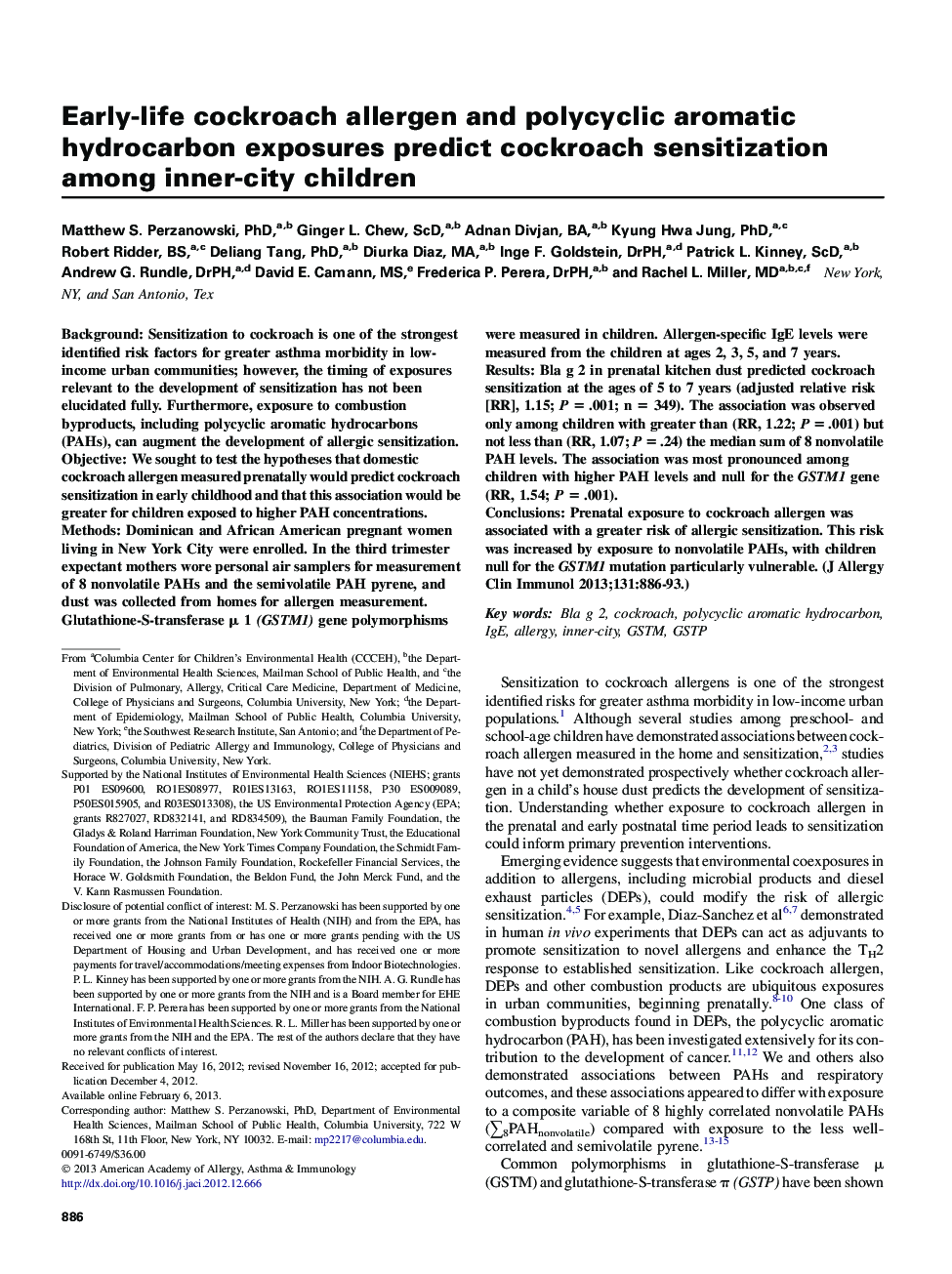 مکانیسم های آلرژی و ایمنولوژی بالینی آلرژن سوسک و آلرژن های هیدروکربنی آروماتیک چند حلقه ای در طول زندگی، حساسیت سوسری را در میان کودکان درون شهر پیش بینی می کنند 