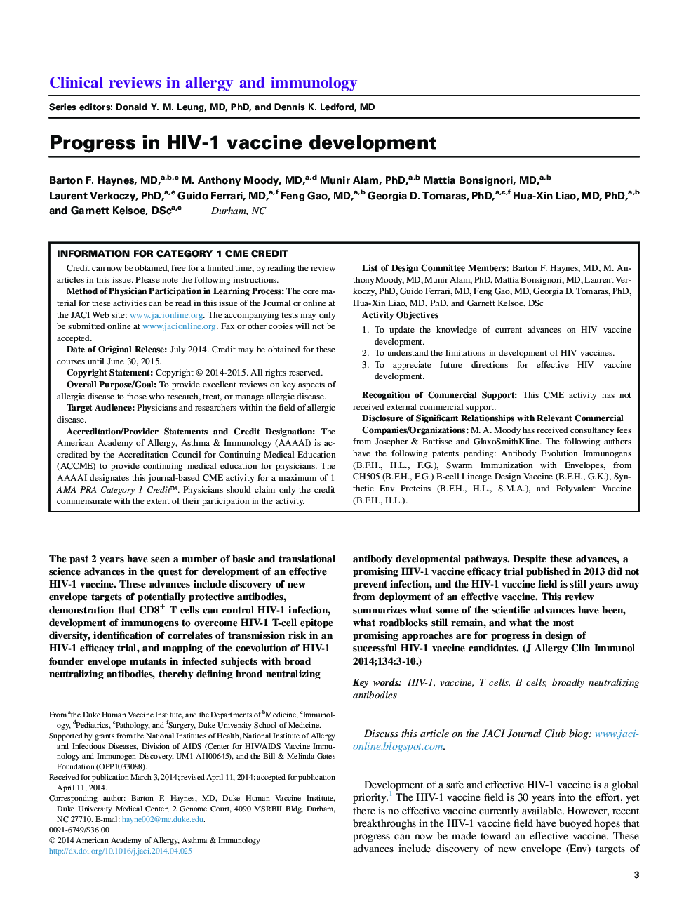 Progress in HIV-1 vaccine development