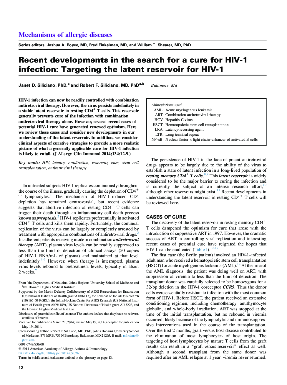 Recent developments in the search for a cure for HIV-1 infection: Targeting the latent reservoir for HIV-1