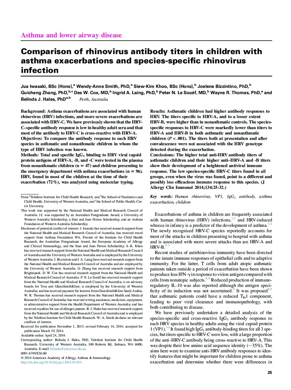 Asthma and lower airway diseaseComparison of rhinovirus antibody titers in children with asthma exacerbations and species-specific rhinovirus infection