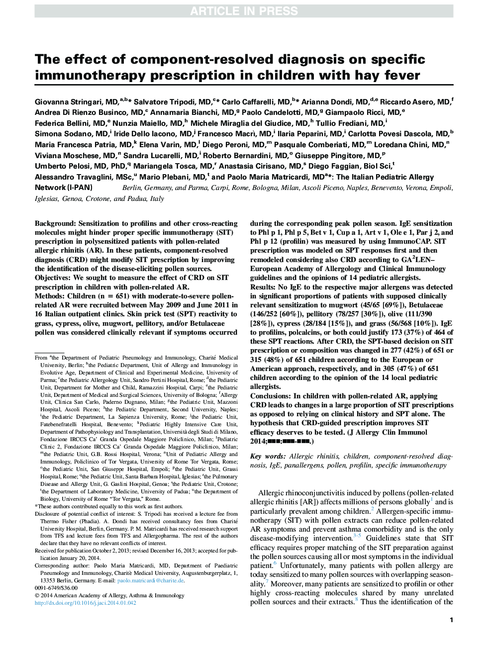 The effect of component-resolved diagnosis on specific immunotherapy prescription in children with hay fever