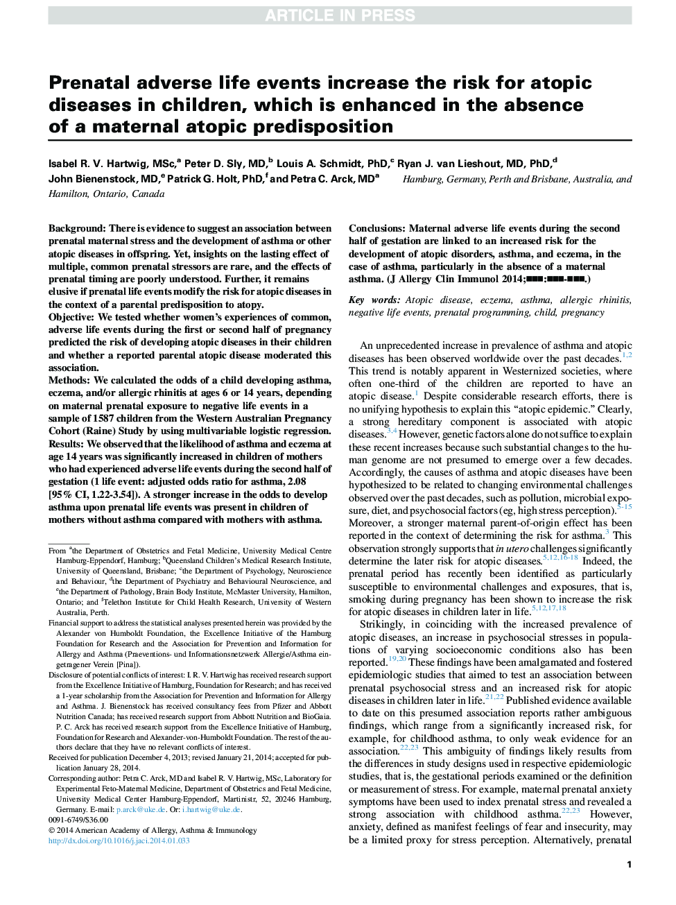 Prenatal adverse life events increase the risk for atopic diseases in children, which is enhanced in the absence of a maternal atopic predisposition