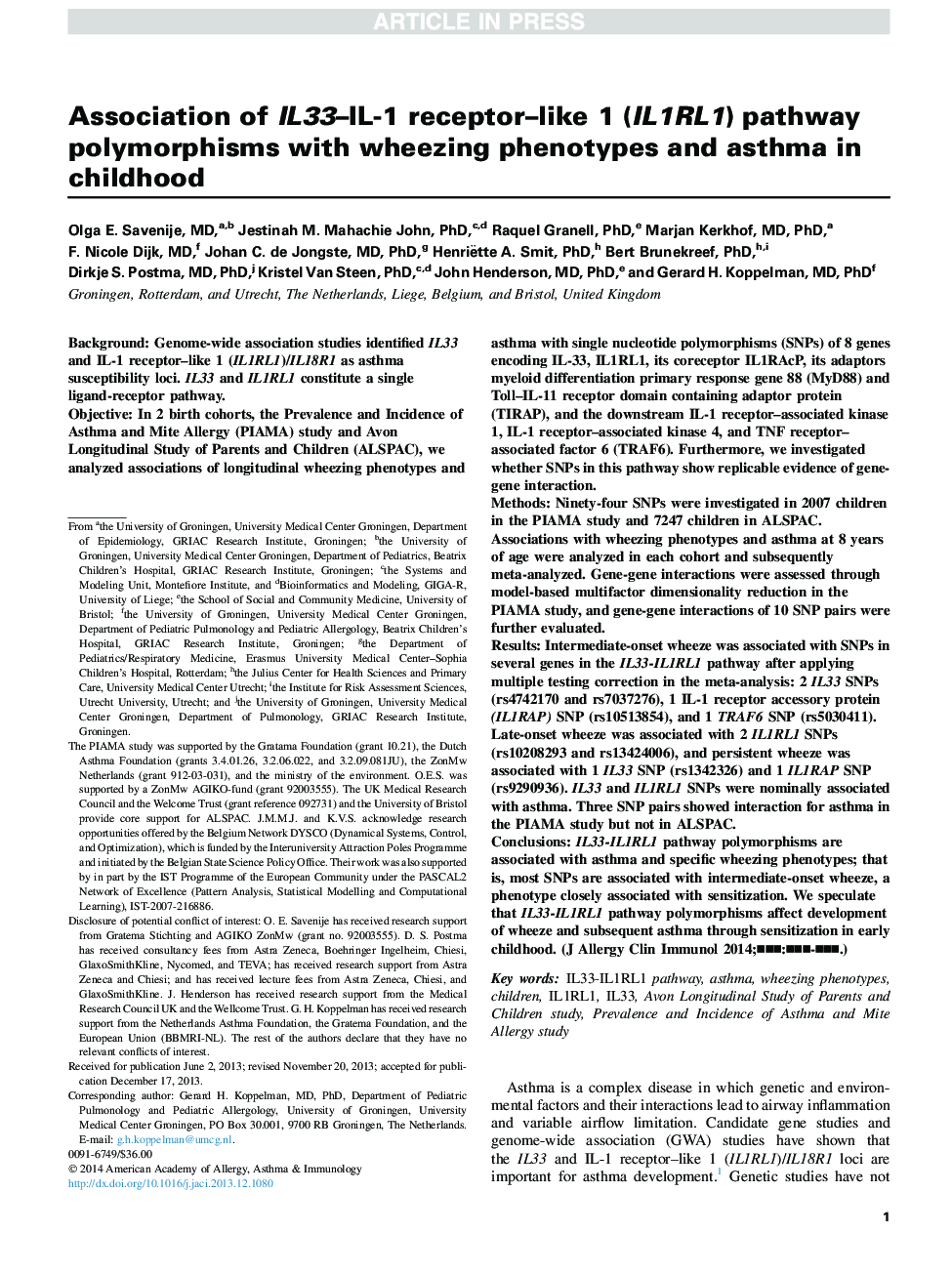 Association of IL33-IL-1 receptor-like 1 (IL1RL1) pathway polymorphisms with wheezing phenotypes and asthma in childhood