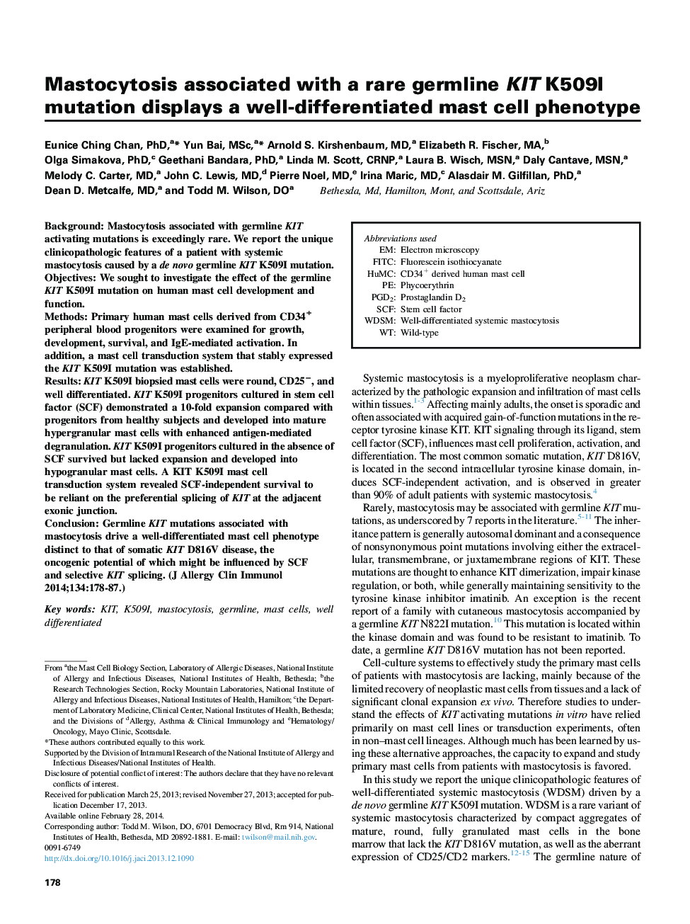 Mechanisms of allergy and clinical immunologyMastocytosis associated with a rare germline KIT K509I mutation displays a well-differentiated mast cell phenotype