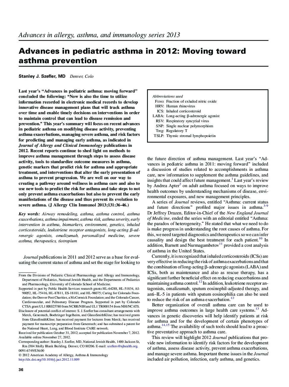 Advances in pediatric asthma in 2012: Moving toward asthma prevention