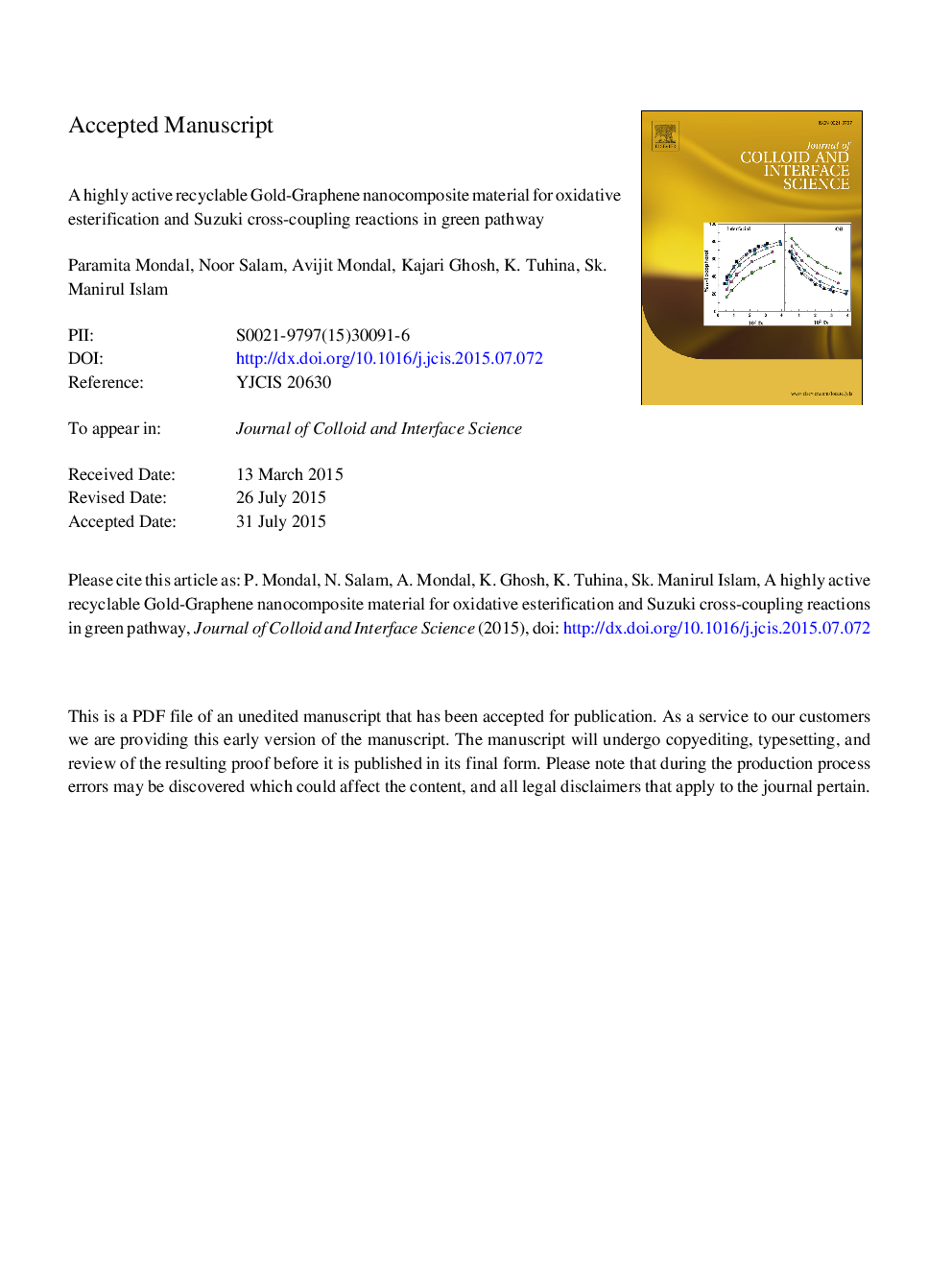 یک ماده نانوکامپوزیت طلای گرافن قابل بازیافت قابل استفاده برای استرینگ اکسیداتیو و واکنش متقابل سوسوکی در مسیر سبز 