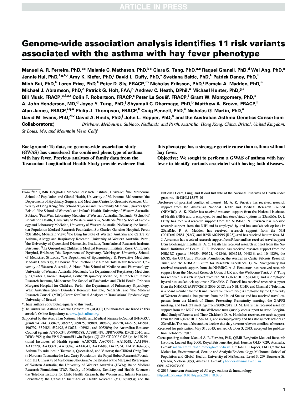 Genome-wide association analysis identifies 11 risk variants associated with the asthma with hay fever phenotype