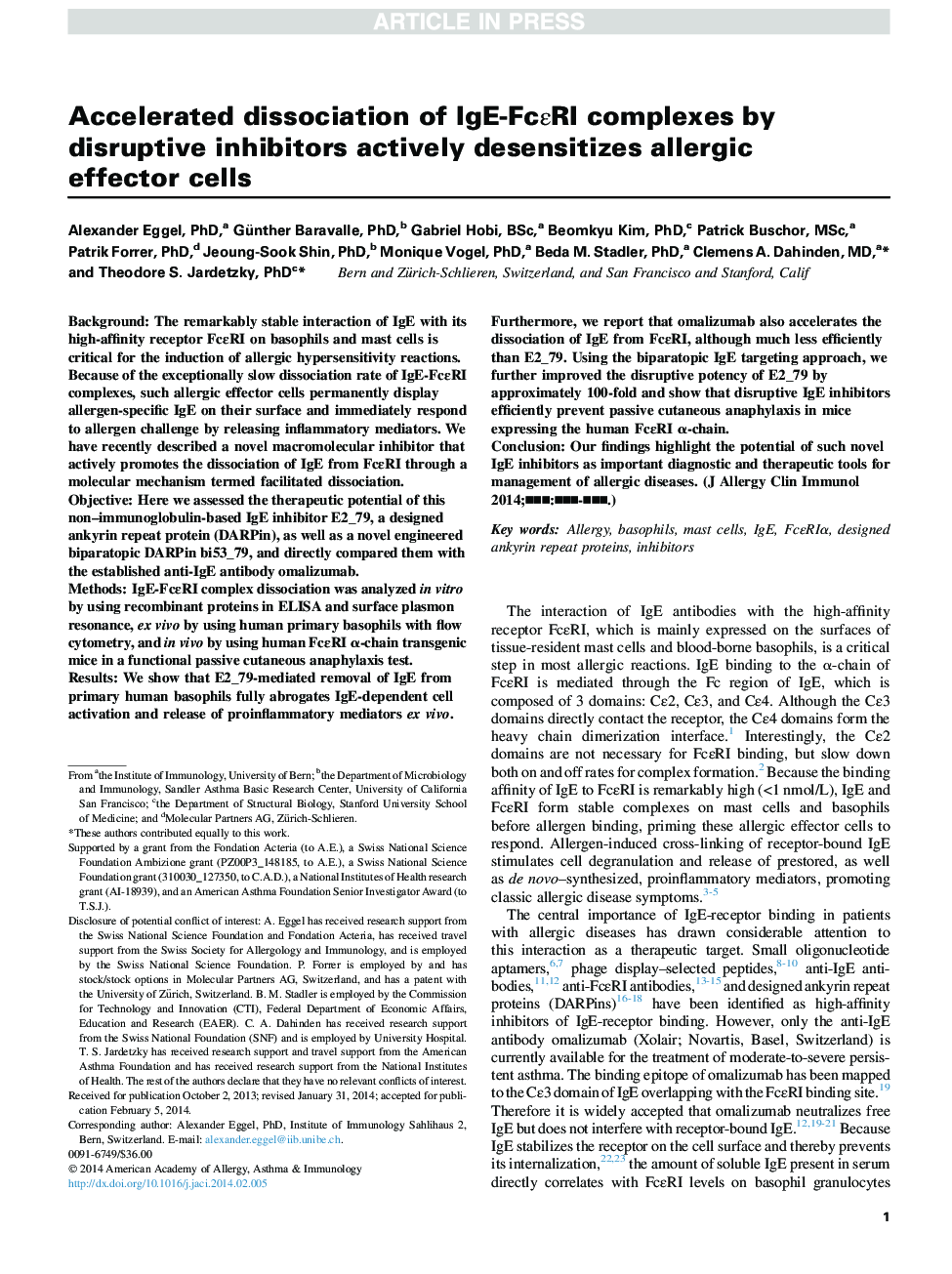 Accelerated dissociation of IgE-FcÎµRI complexes by disruptive inhibitors actively desensitizes allergic effector cells