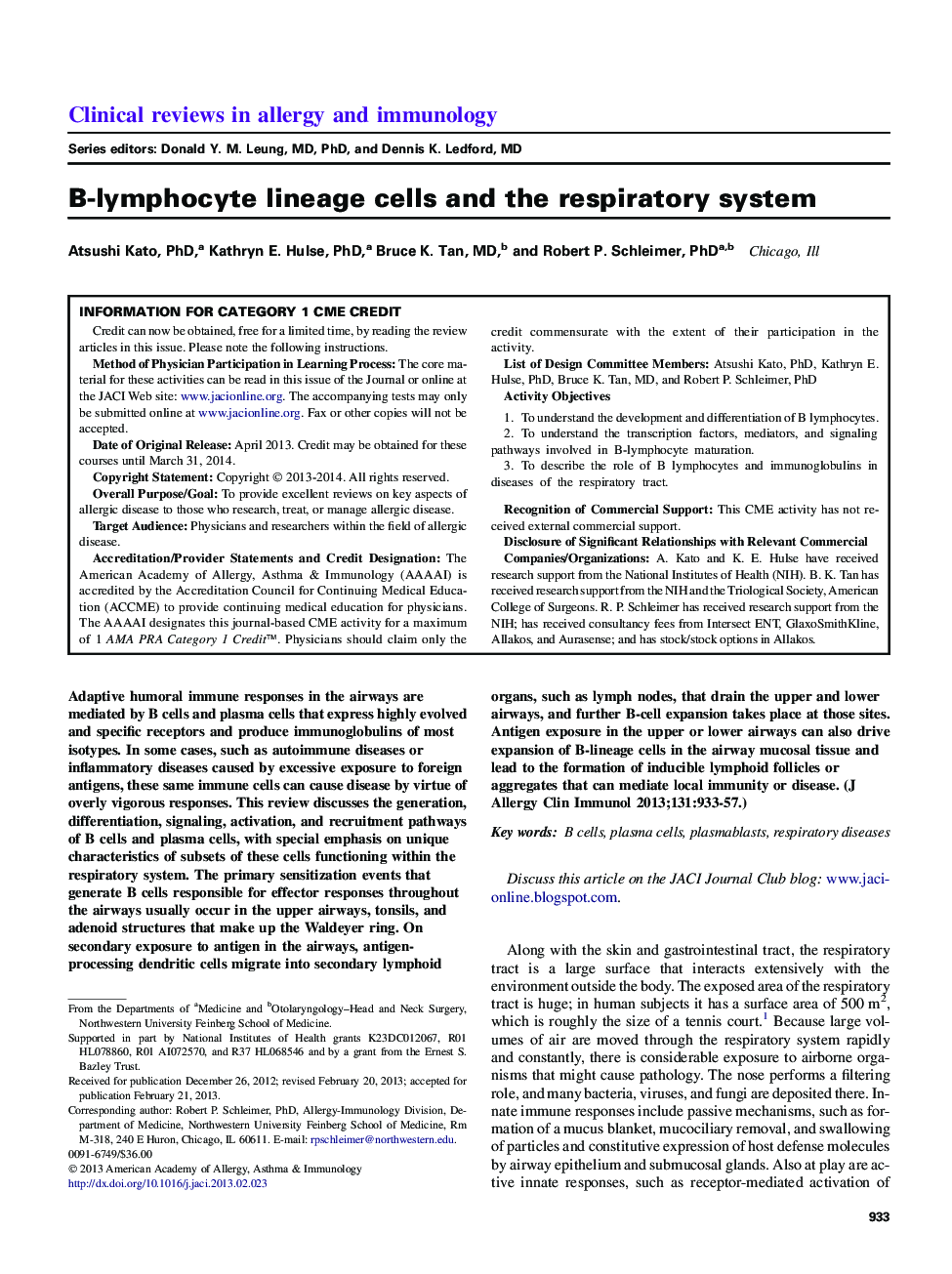 B-lymphocyte lineage cells and the respiratory system