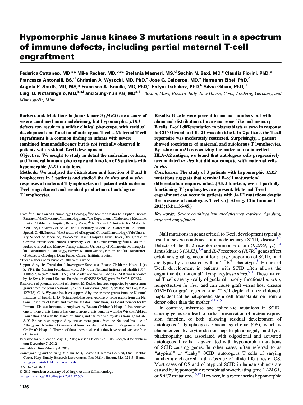 Hypomorphic Janus kinase 3 mutations result in a spectrum of immune defects, including partial maternal T-cell engraftment